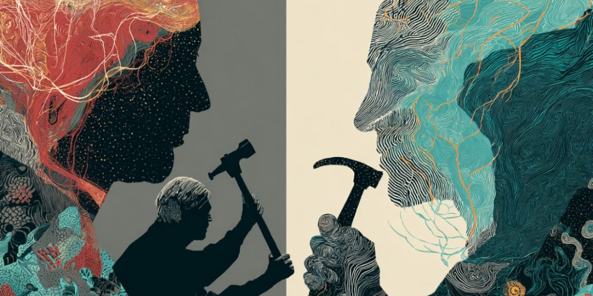 This shows a person hammering with his right hand and another with his left.