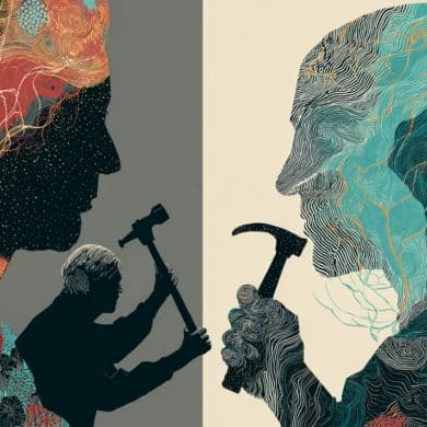 This shows a person hammering with his right hand and another with his left.