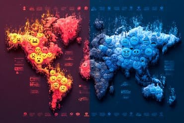 This shows a map, half Is red and covered in negative emojis, the other is blue and covered with positive emojis, symbolizing the effect heat has on mood.