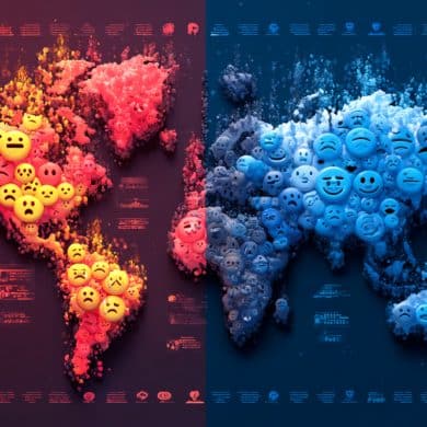 This shows a map, half Is red and covered in negative emojis, the other is blue and covered with positive emojis, symbolizing the effect heat has on mood.