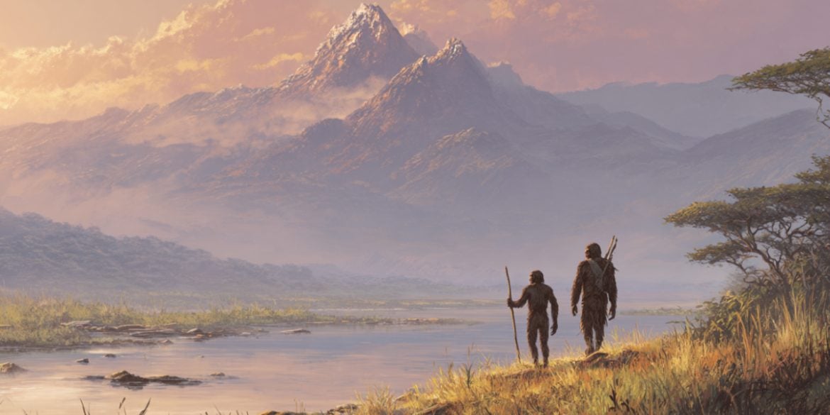 This shows an early human walking besides Australopithecus next to a lake.