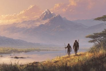 This shows an early human walking besides Australopithecus next to a lake.