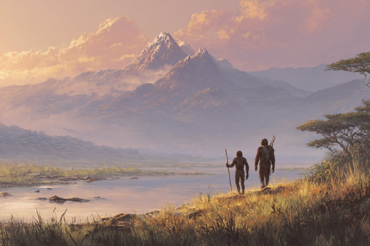 This shows an early human walking besides Australopithecus next to a lake.