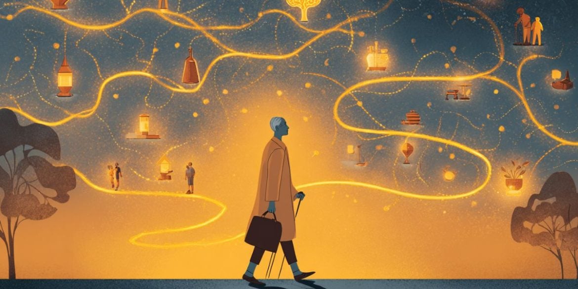 This shows an older man walking on a golden path, surrounded by networks of people.