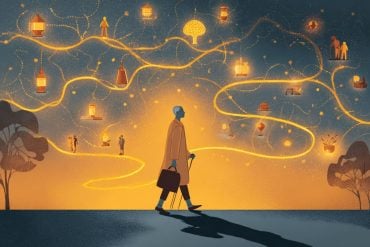This shows an older man walking on a golden path, surrounded by networks of people.