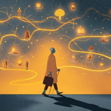 This shows an older man walking on a golden path, surrounded by networks of people.