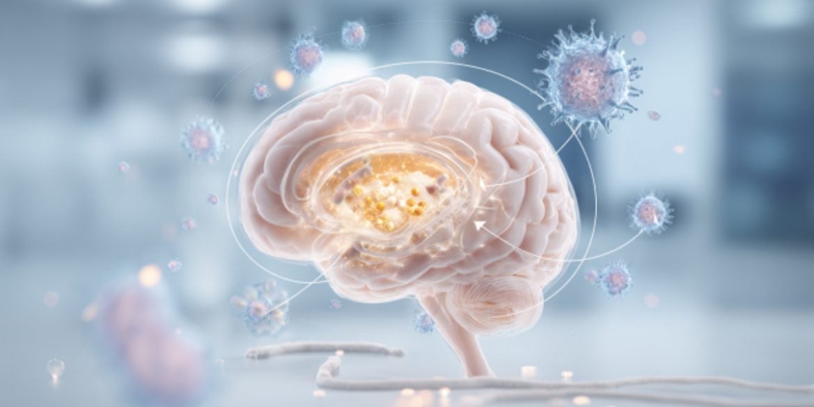 This shows a brain surrounded by microbes.