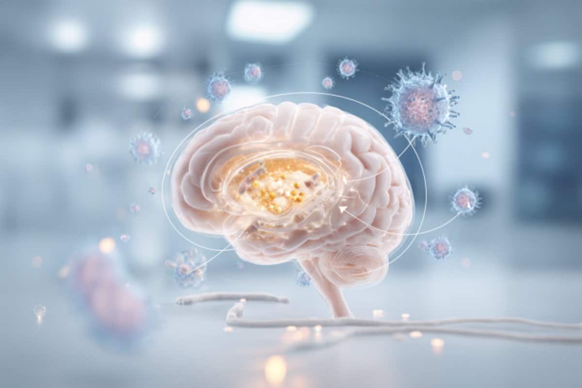 This shows a brain surrounded by microbes.