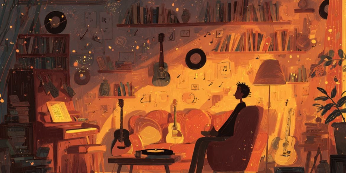 This shows a person sitting alone, surrounded by floating musical notes.
