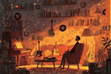 This shows a person sitting alone, surrounded by floating musical notes.