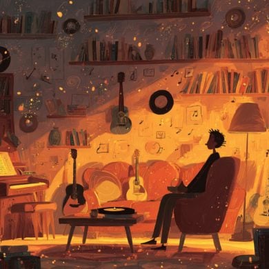 This shows a person sitting alone, surrounded by floating musical notes.