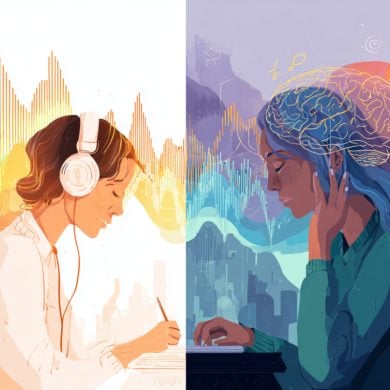 This shows two people working and listening to music at the same time.