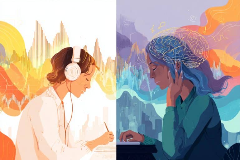 This shows two people working and listening to music at the same time.