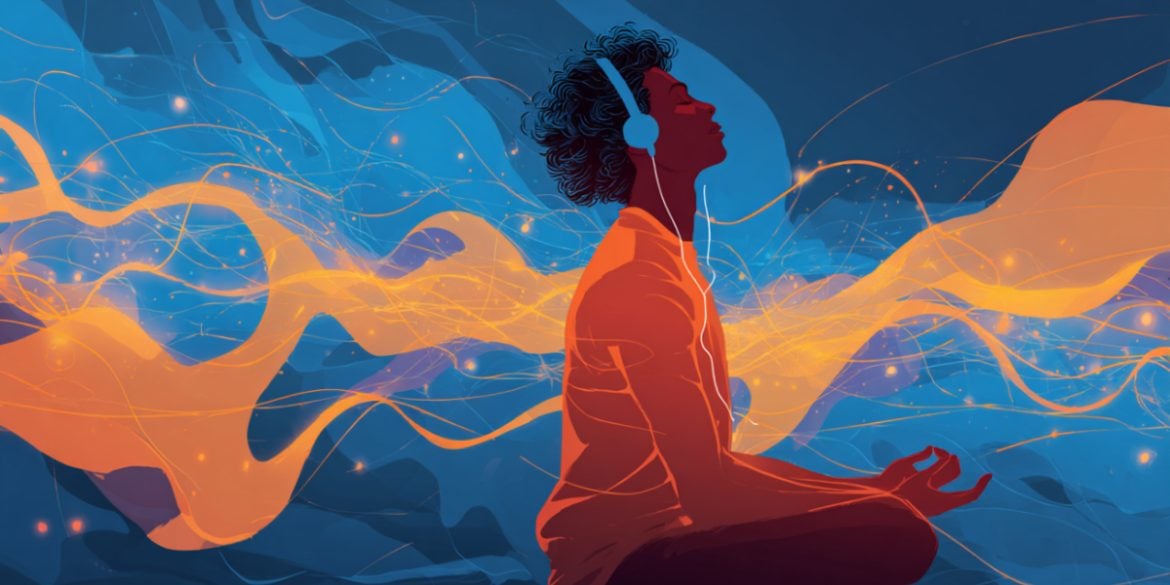 This shows a person listening to music in a meditative pose, surrounded by psychedelic swirls.