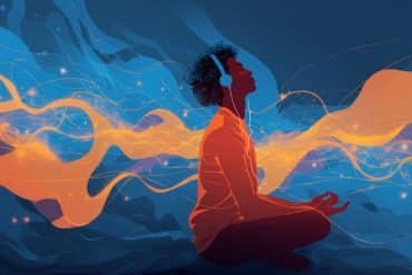 This shows a person listening to music in a meditative pose, surrounded by psychedelic swirls.