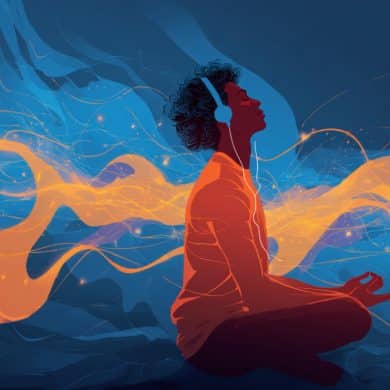 This shows a person listening to music in a meditative pose, surrounded by psychedelic swirls.