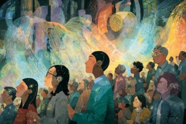 This shows a crowd of people in a musical venue with swirls around them.