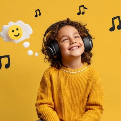 This shows a child listening to music, surrounded by emotional emojis.