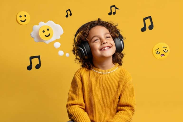 This shows a child listening to music, surrounded by emotional emojis.