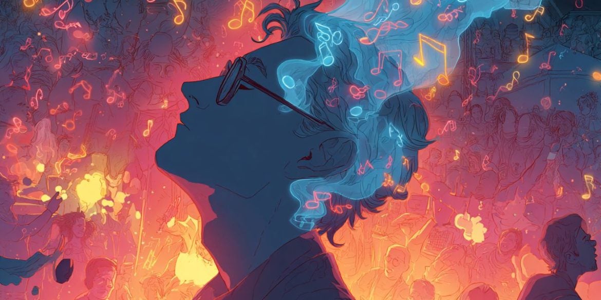 This shows a man with headphones on and musical notes swirling around him.