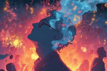 This shows a man with headphones on and musical notes swirling around him.