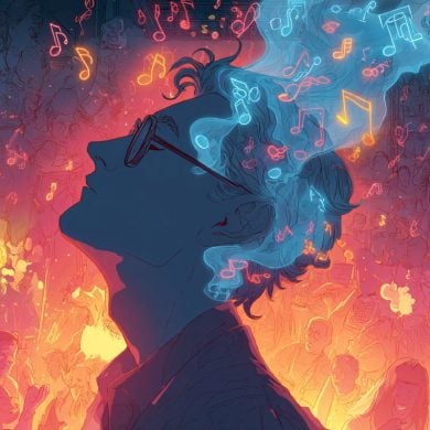 This shows a man with headphones on and musical notes swirling around him.