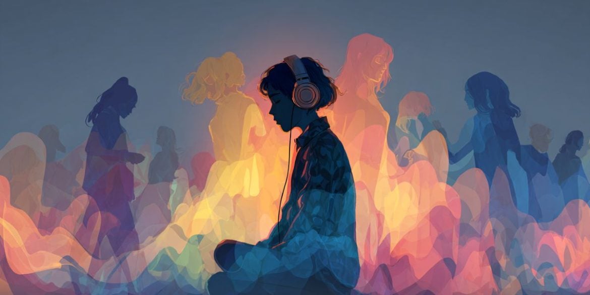 This shows a person listening to music with the outline of other people in the background.