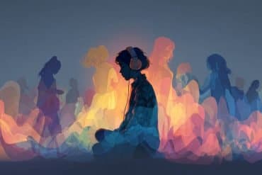 This shows a person listening to music with the outline of other people in the background.