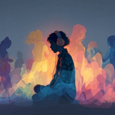 This shows a person listening to music with the outline of other people in the background.