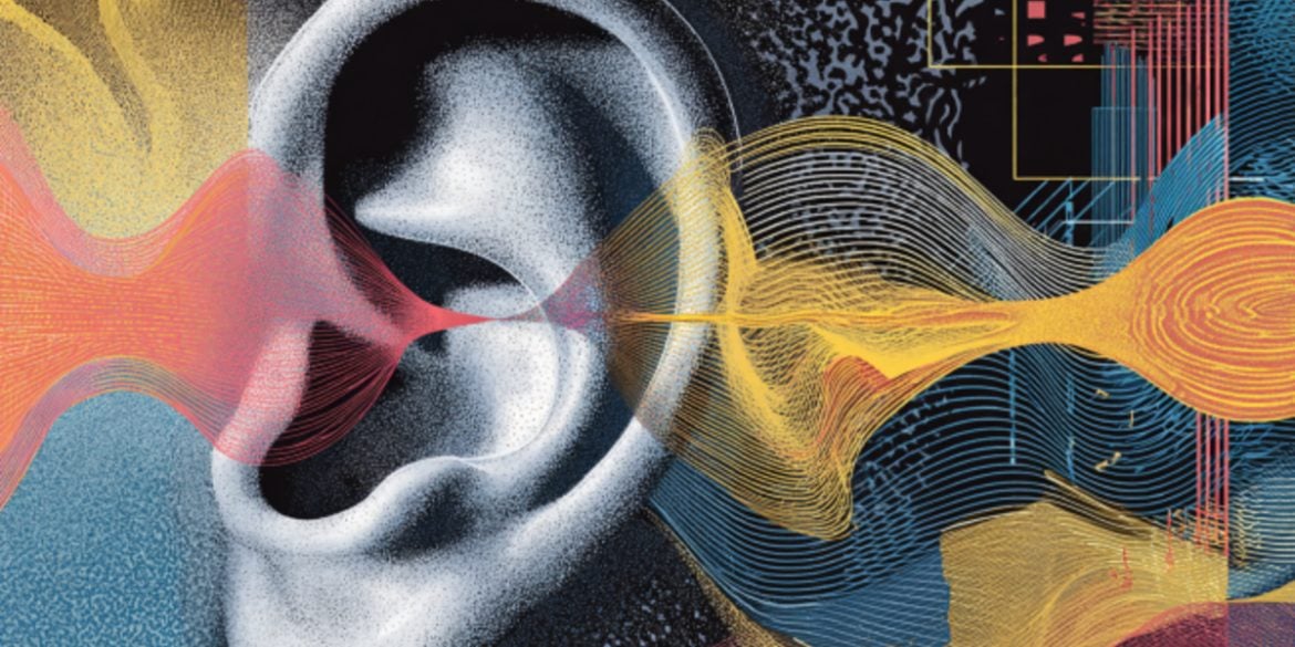 This shows an ear and sound waves.