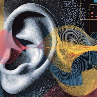 This shows an ear and sound waves.
