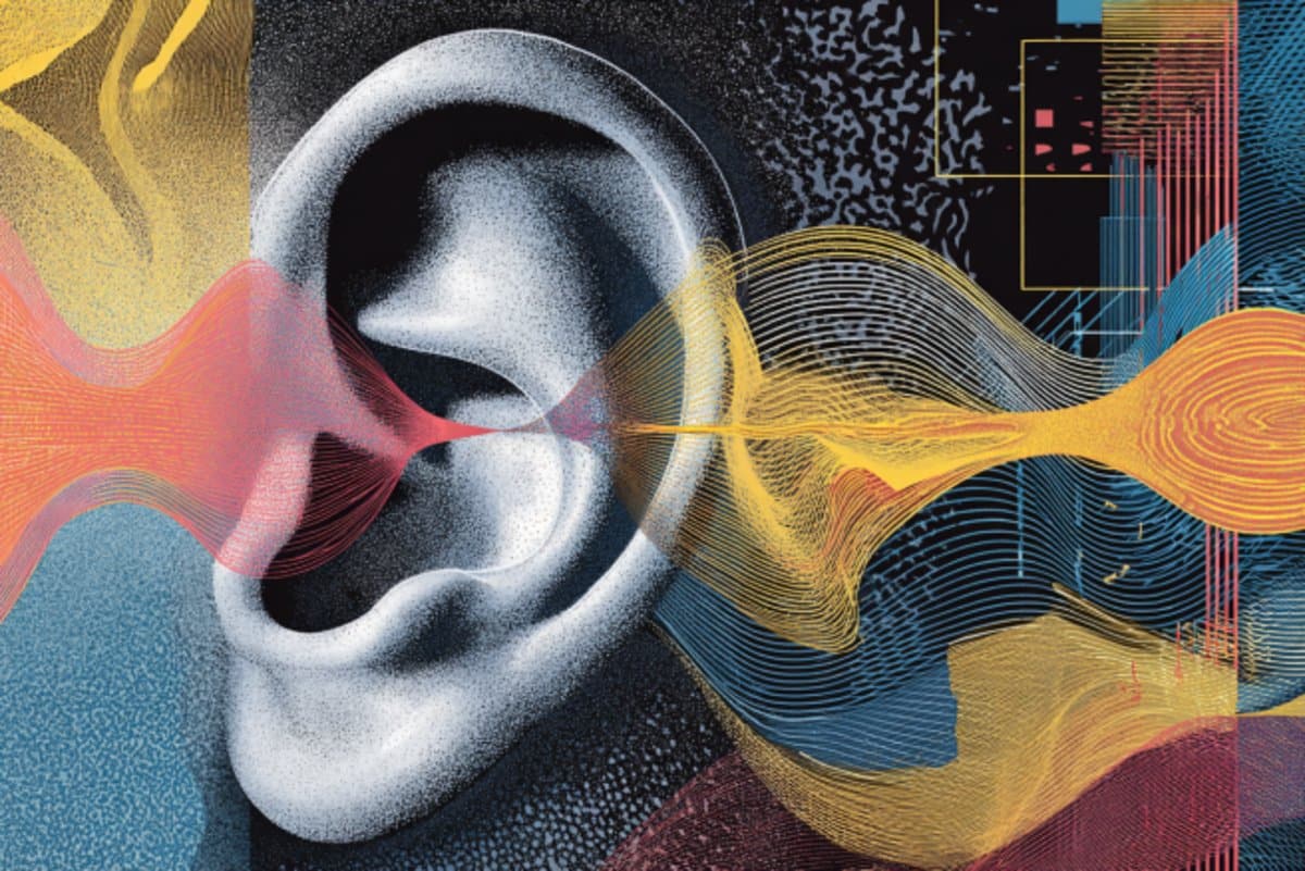 This shows an ear and sound waves.