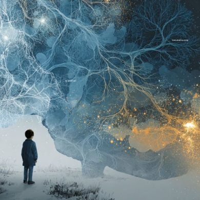 This shows a brain and an unkempt child standing alone.