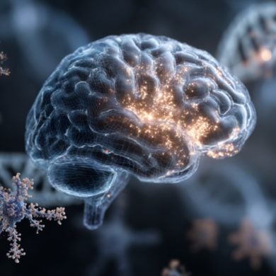 This shows a brain surrounded by viruses and DNA.