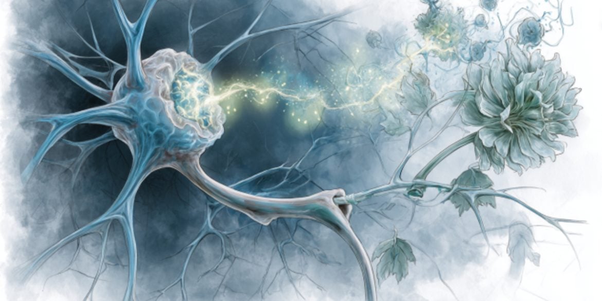 This shows a neuron attached to a flower, as though to imply the olfactory implications associated with Alzheimer's.