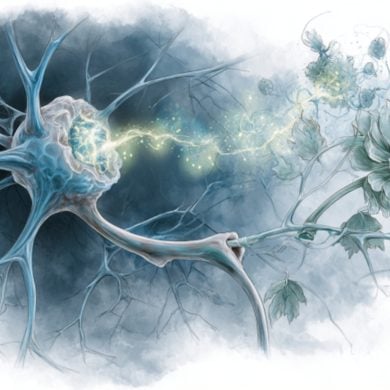 This shows a neuron attached to a flower, as though to imply the olfactory implications associated with Alzheimer's.