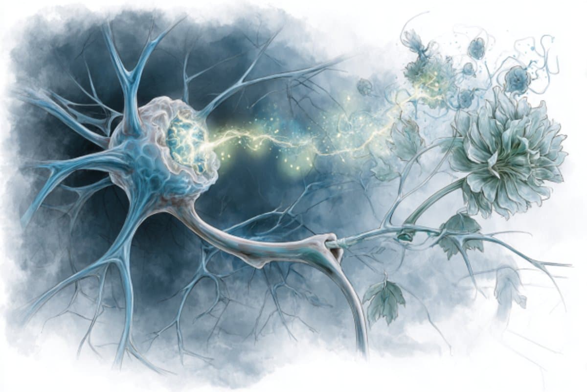This shows a neuron attached to a flower, as though to imply the olfactory implications associated with Alzheimer's.