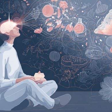 This shows a person surrounded by fragrant objects and radio waves.