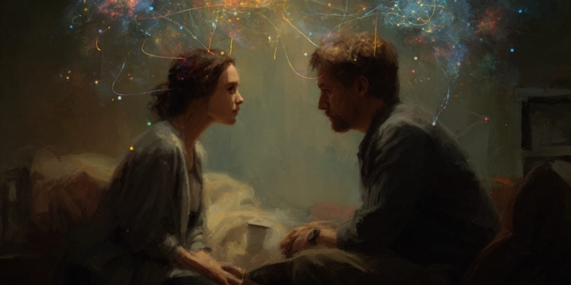 This shows two people with brain overlays.