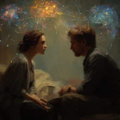 This shows two people with brain overlays.