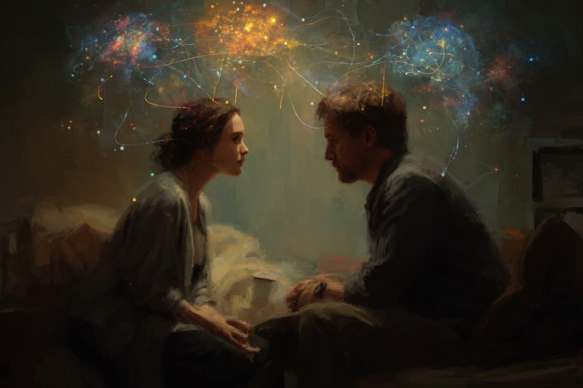 This shows two people with brain overlays.