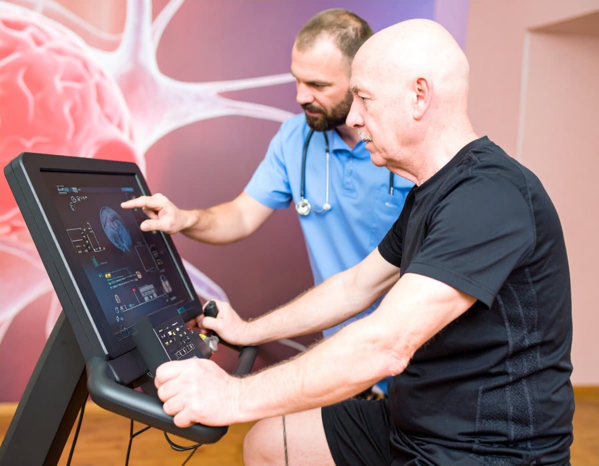 This shows an older man on an exercise bike in a hospital. A nurse is at his side. On the cycle is a monitor with a brain game.