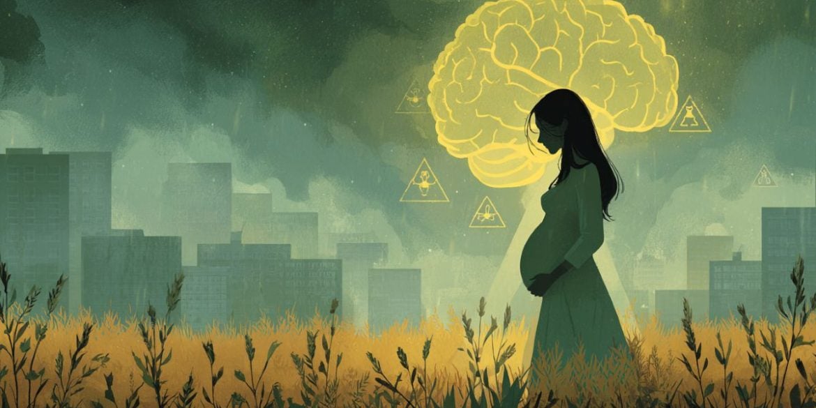 This shows a pregnant woman in a field surrounded by "danger" signs.