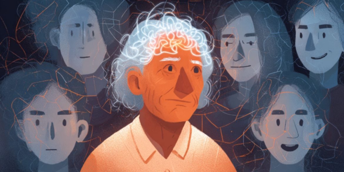 This shows an older man surrounded by faces with different expressions.
