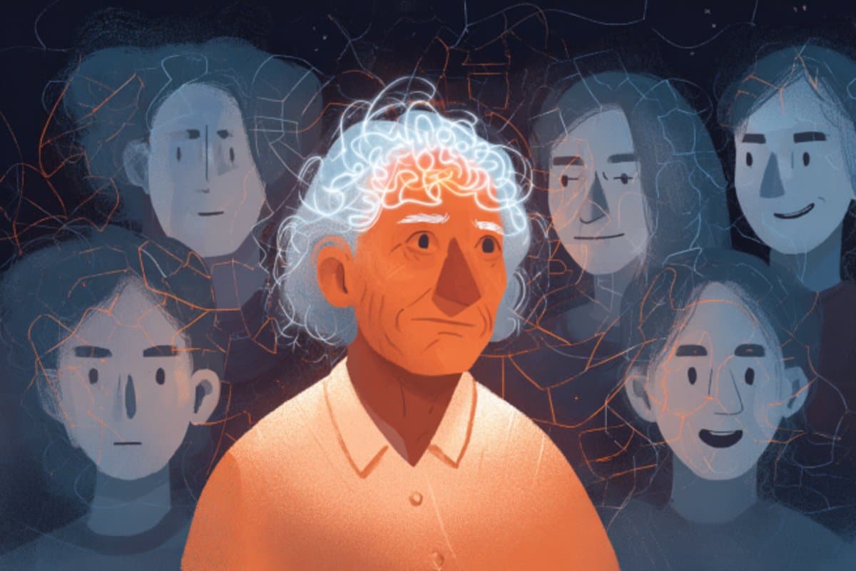 This shows an older man surrounded by faces with different expressions.