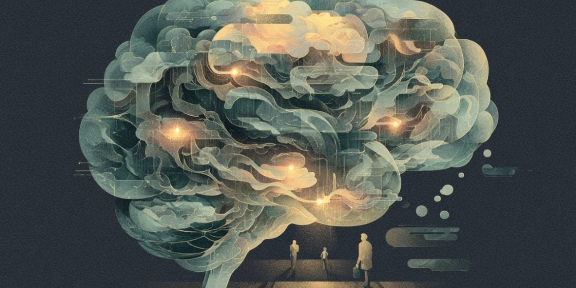 This shows a brain and people walking under it.