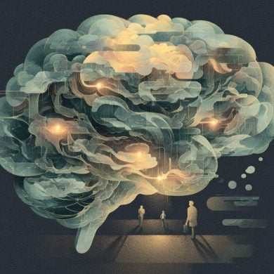 This shows a brain and people walking under it.
