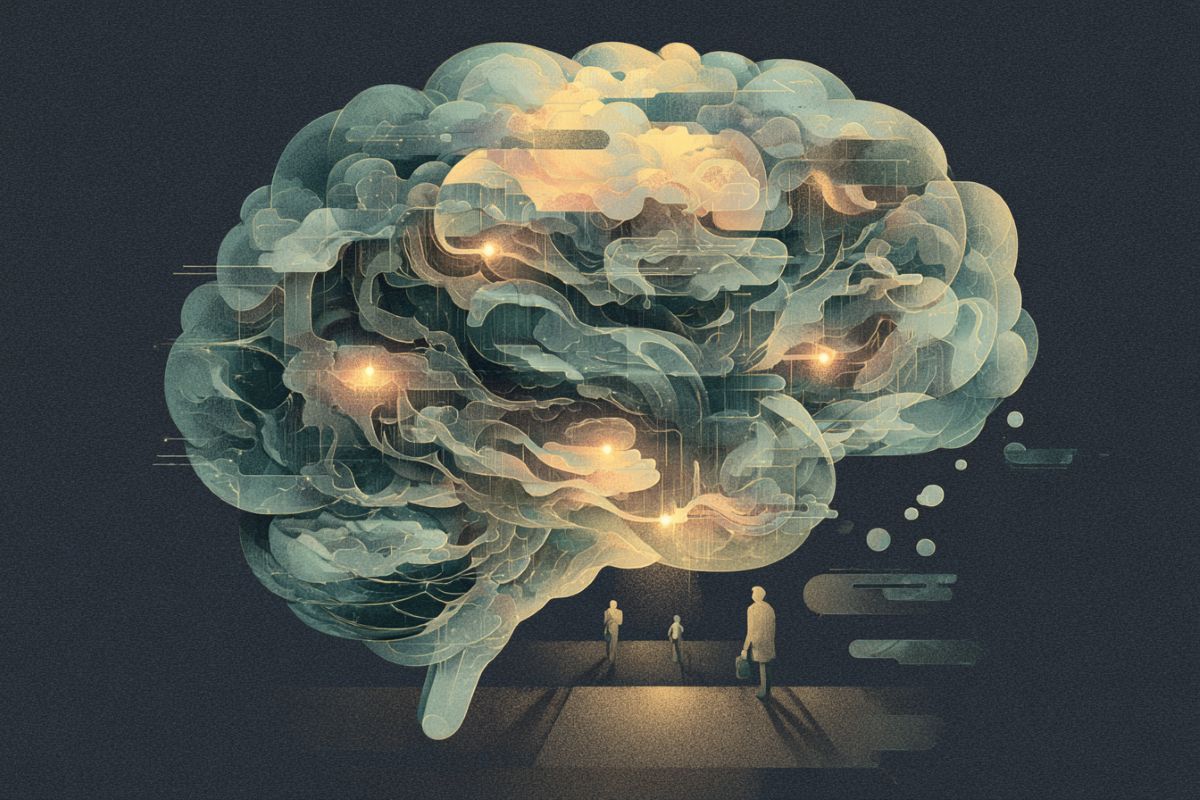 This shows a brain and people walking under it.