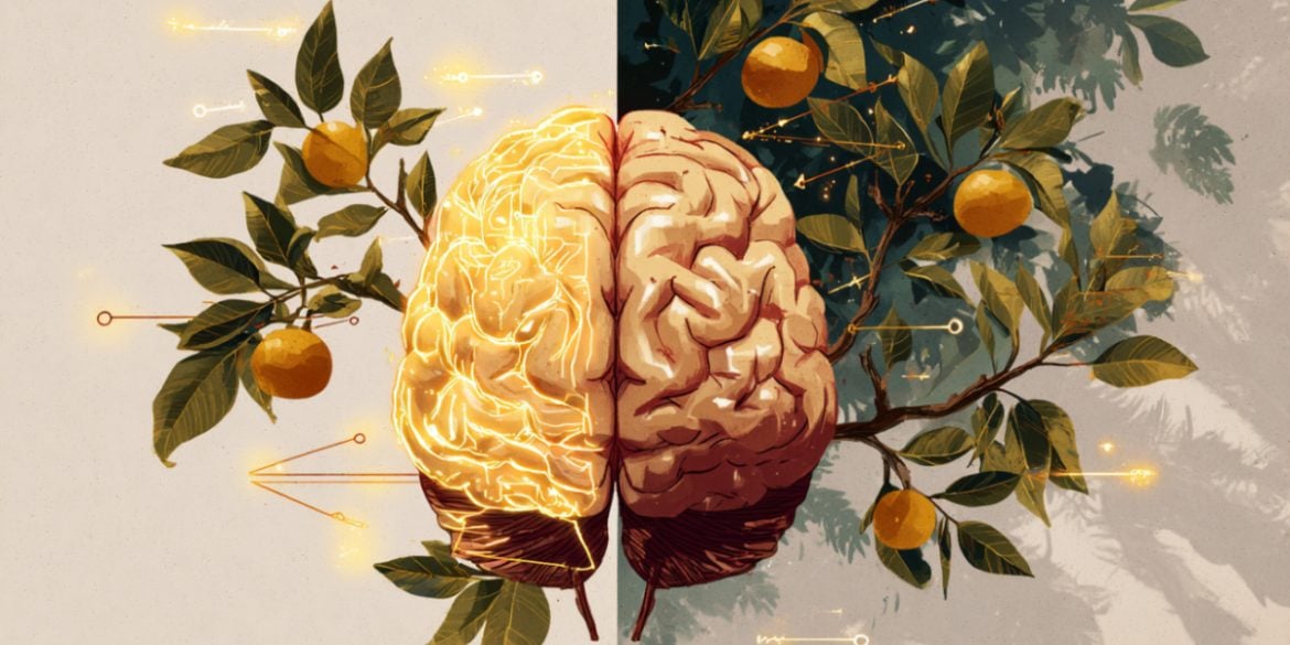 This shows a brain surrounded by fruits.