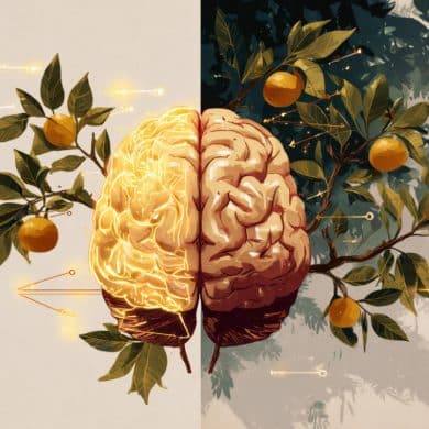 This shows a brain surrounded by fruits.